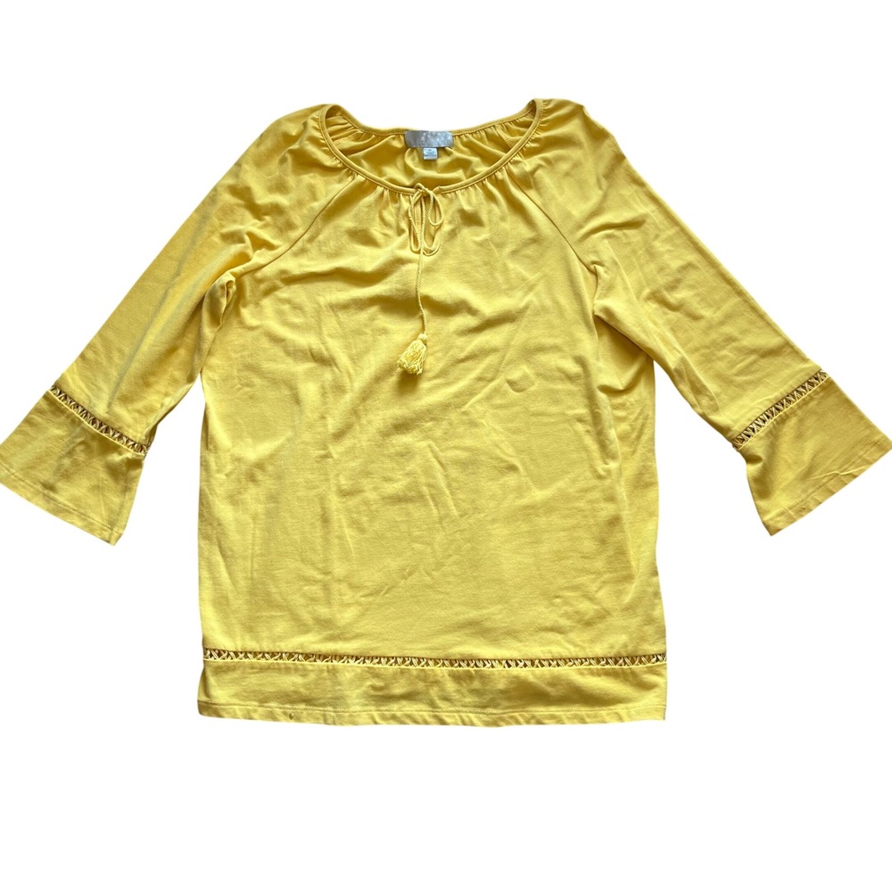 Carolyn Taylor Loft Yellow Peasant Blouse 3/4‎ Bell Sleeve Tassel Keyhole Top M